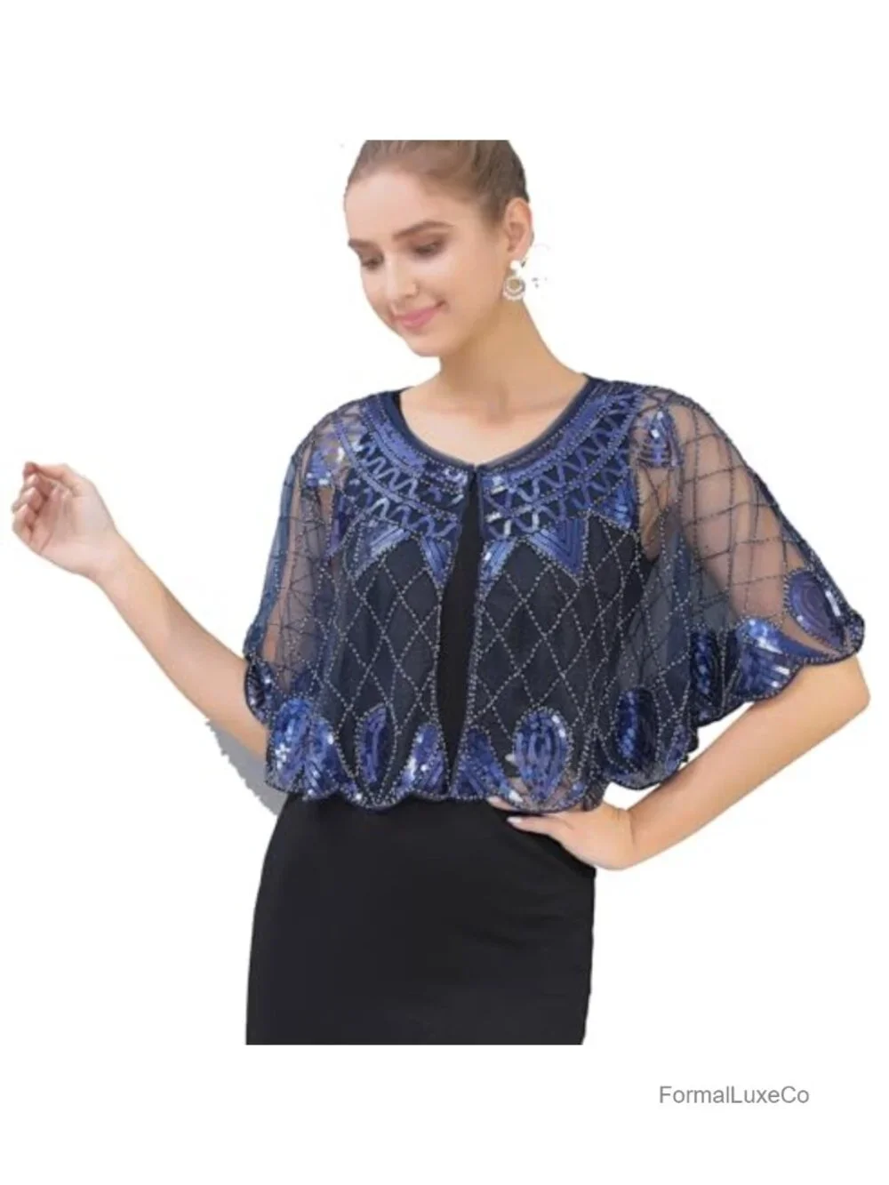 Sequin Beaded Evening Cape Bolero Flapper Cover Up Shawl
